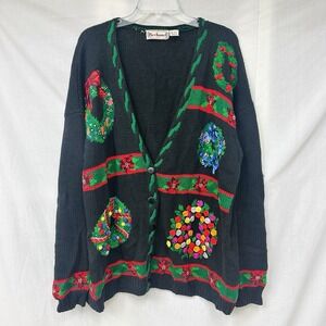 VTG Bechamel Ugly Christmas Sweater Knit Wreath Black Cardigan Women's 1X Granny